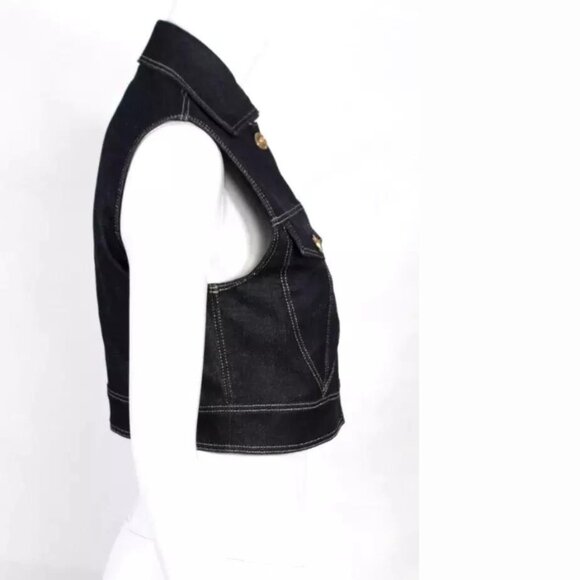 NWT VERSACE Tribute Blue Dark Wash Denim Gold Medusa Button Cropped Vest - Picture 4 of 11